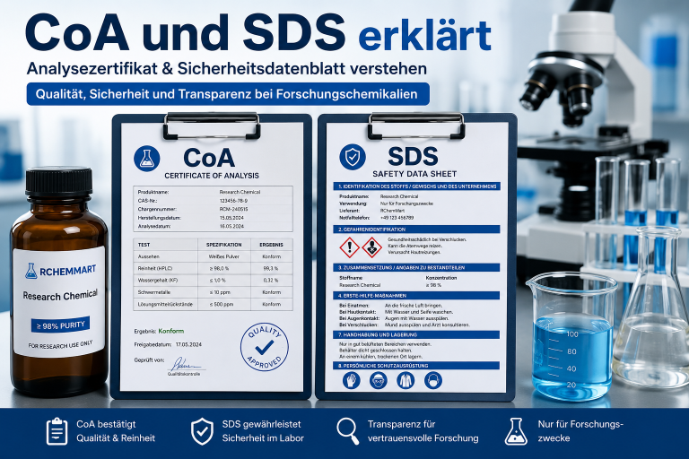 CoA und SDS erklärt: Warum diese Dokumente bei Forschungschemikalien wichtig sind 2 CoA und SDS erklaert – Analysezertifikat Sicherheitsdatenblatt fuer Forschungschemikalien