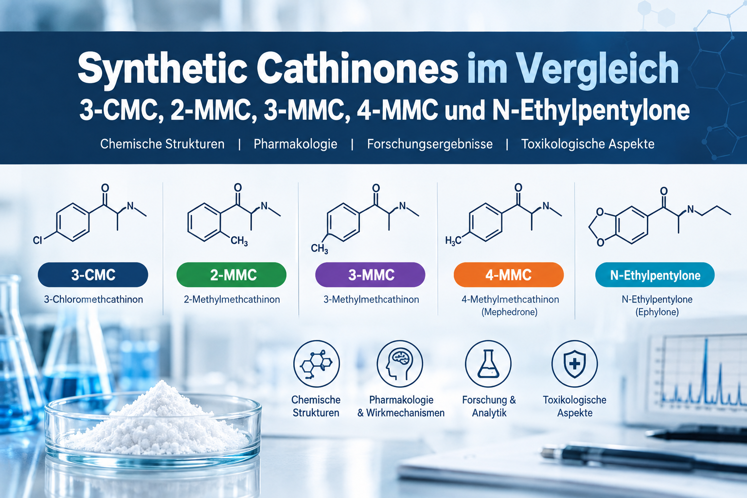 Comparison of 3-CMC, 2-MMC, 3-MMC, 4-MMC and N-ethylpentylones with chemical structures and toxicological aspects.